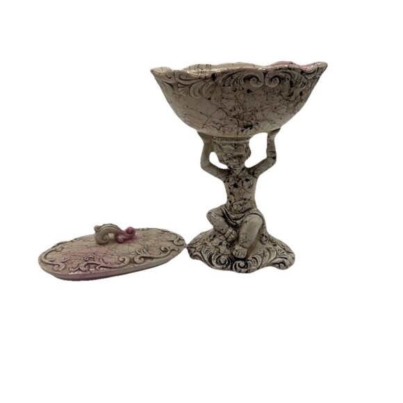 Vtg Possible Dreams Cherub Compote Candy Dish W/ Lid Crackle Glaze Pink Accents - Picture 11 of 14